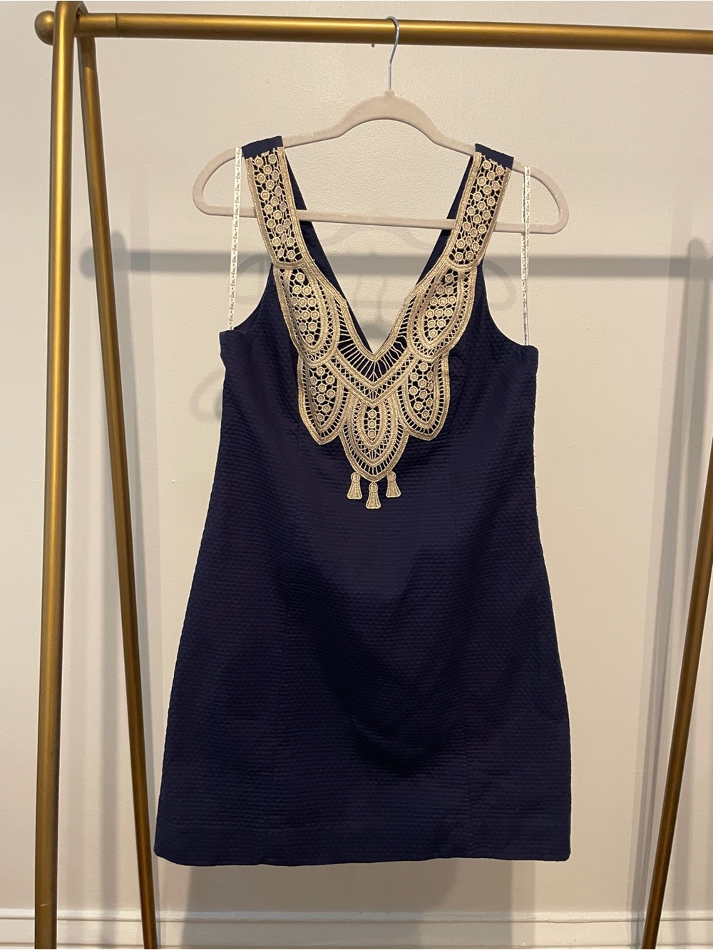 Lilly Pulitzer Largo Shift Navy Mini Dress with Gold Lace Appliqué